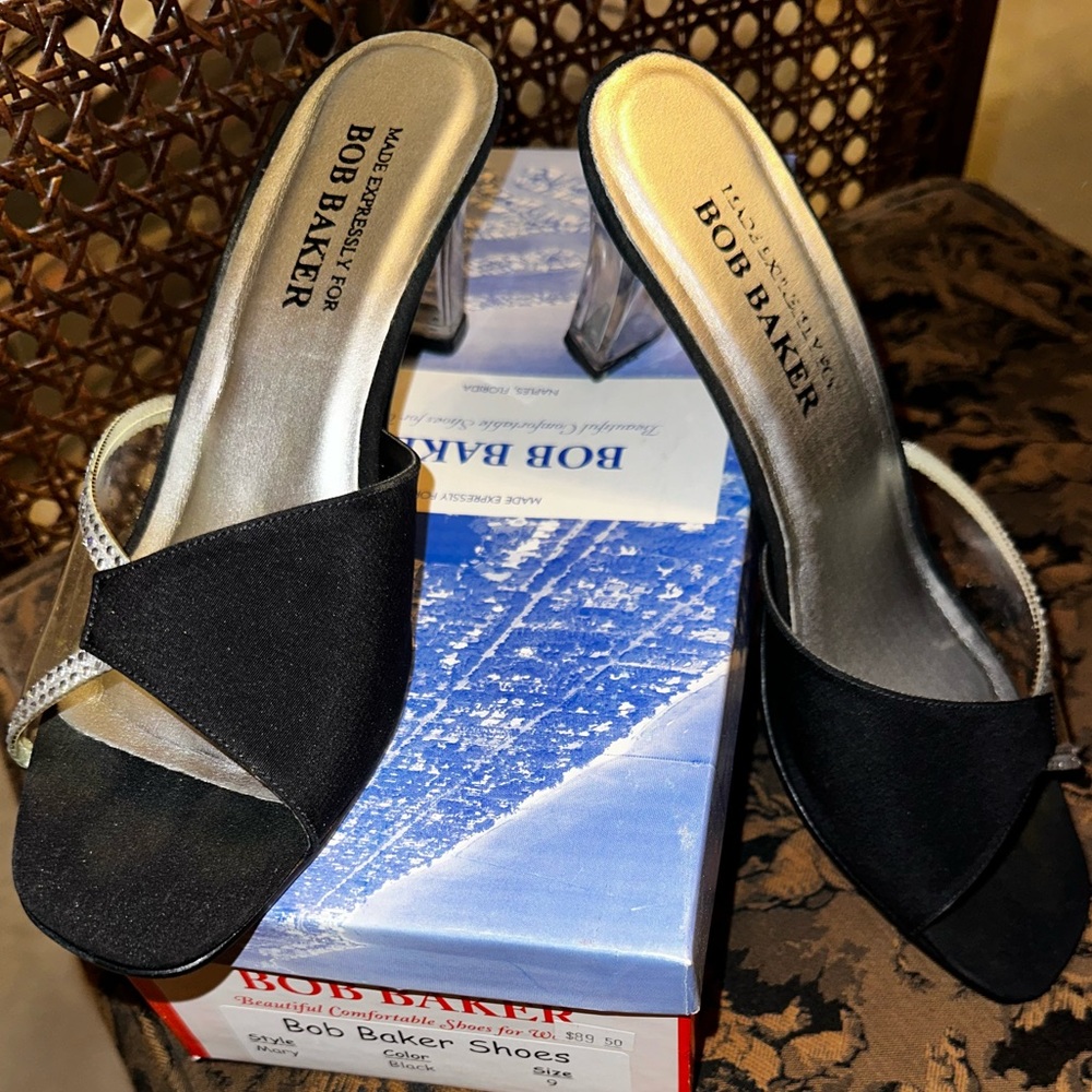 Only worn once black and clear small heal open back sandal.  Bob Baker evening
